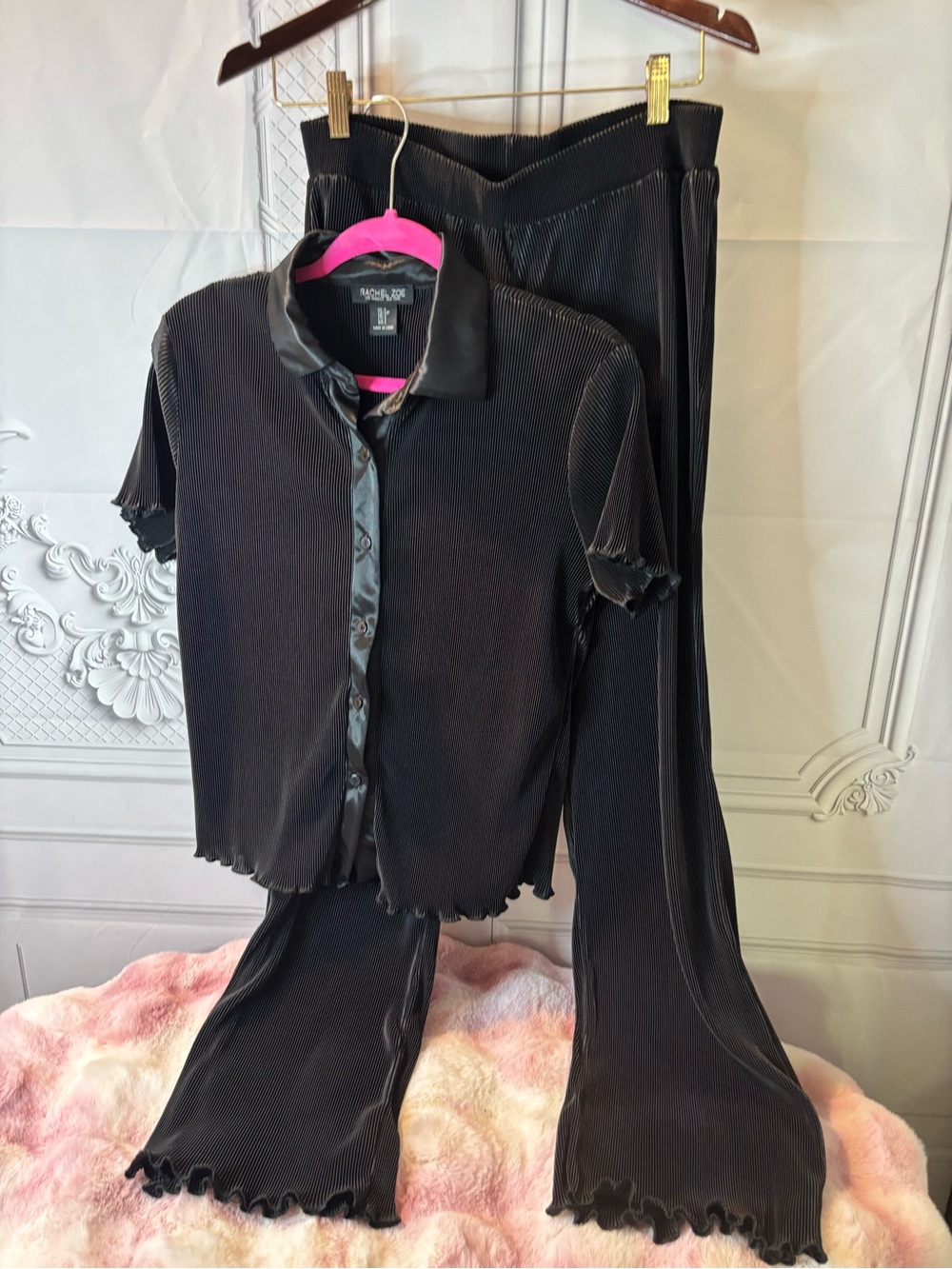 Rachel Zoe Black Plisse Pleated Button-Front Top and Pant Set, Size Small